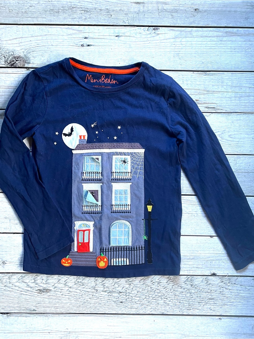 Mini Boden Halloween pop-up appliqué haunted house shirt